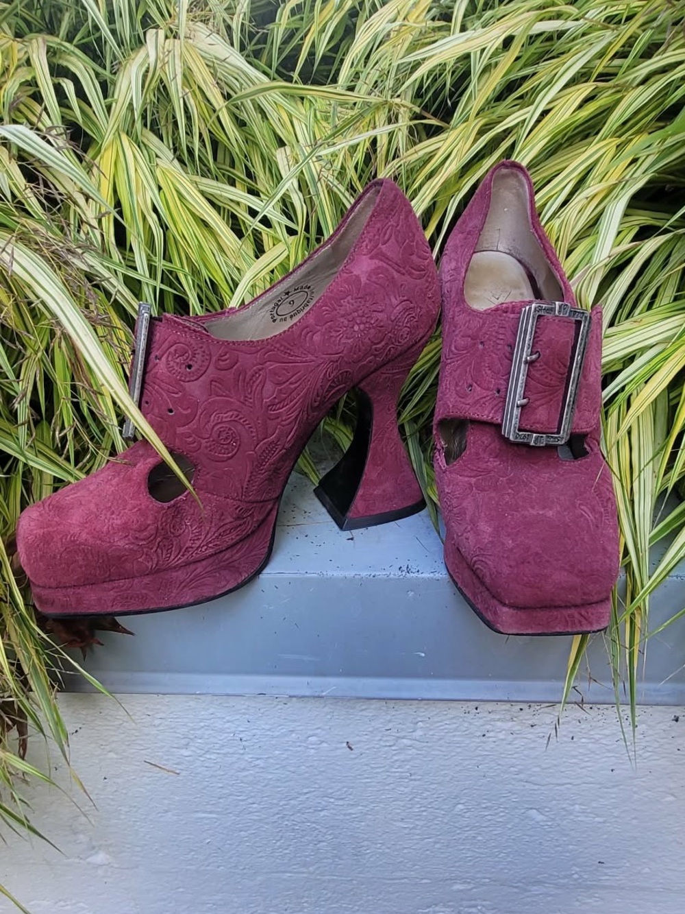 Rare Find * John Fluevog Plum Suede Embossed Platform Buckle Heels